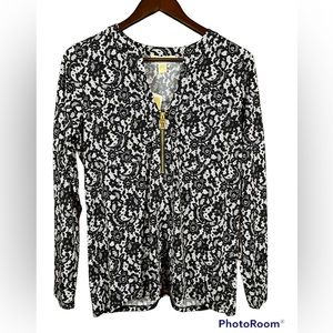 NEW! Michael Kors black/white long sleeved top with gold zipper size Small